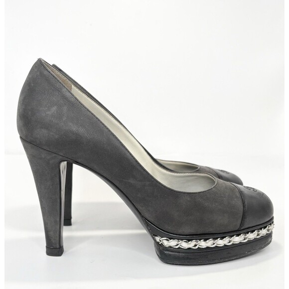 Chanel Black Platform Pumps w/ White Chain Detail Black Suede Cap Toe Heels 36 6 - Picture 1 of 15